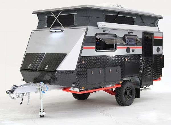 RV Camping Hardtop Camp Trailer Manual Awning Wood Grain Floor Leather 4x100AH Deep Cycle Battery Khaki Faux