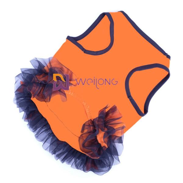 Satin Ribbon Bow Halloween Pet Dress Round Neck Design Pumpkin Dog Dress