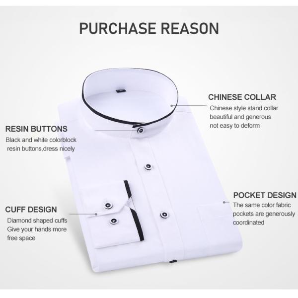 Cerradura de botón cubierto camisa de negocios de hombre en blanco y negro con cuello de pie