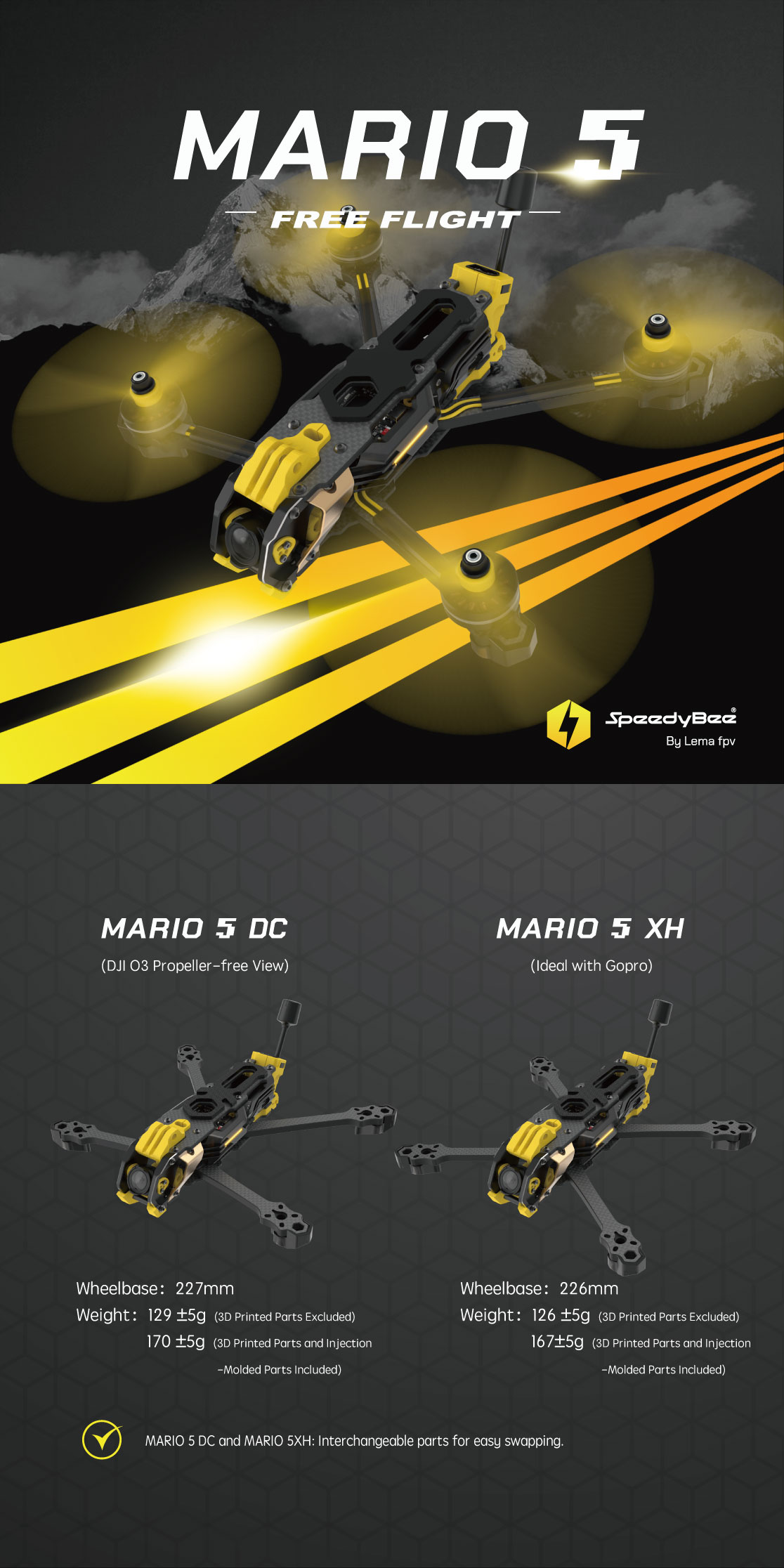 SpeedyBee Mario 5 Frame Kit / XH Version With Carbon Fiber Plate FPV RC Racing Drone