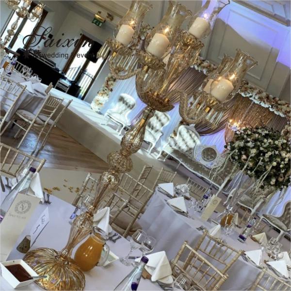 ZT-394 décoration de mariage 6 bras coupé verre tasse haut porte-bougies de couleur or chandeliers