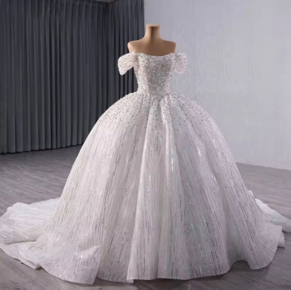 Shiny Off-the-shoulder Beaded Puffy Empire Ball Gown Court Train White Sequins Wedding Dresses