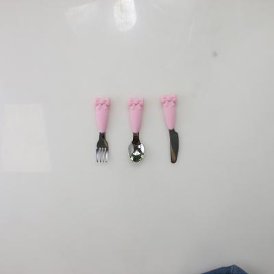 Bow Know Stainless Steel Baby Spoon Silicone Handle Fork Knife Feeding Set