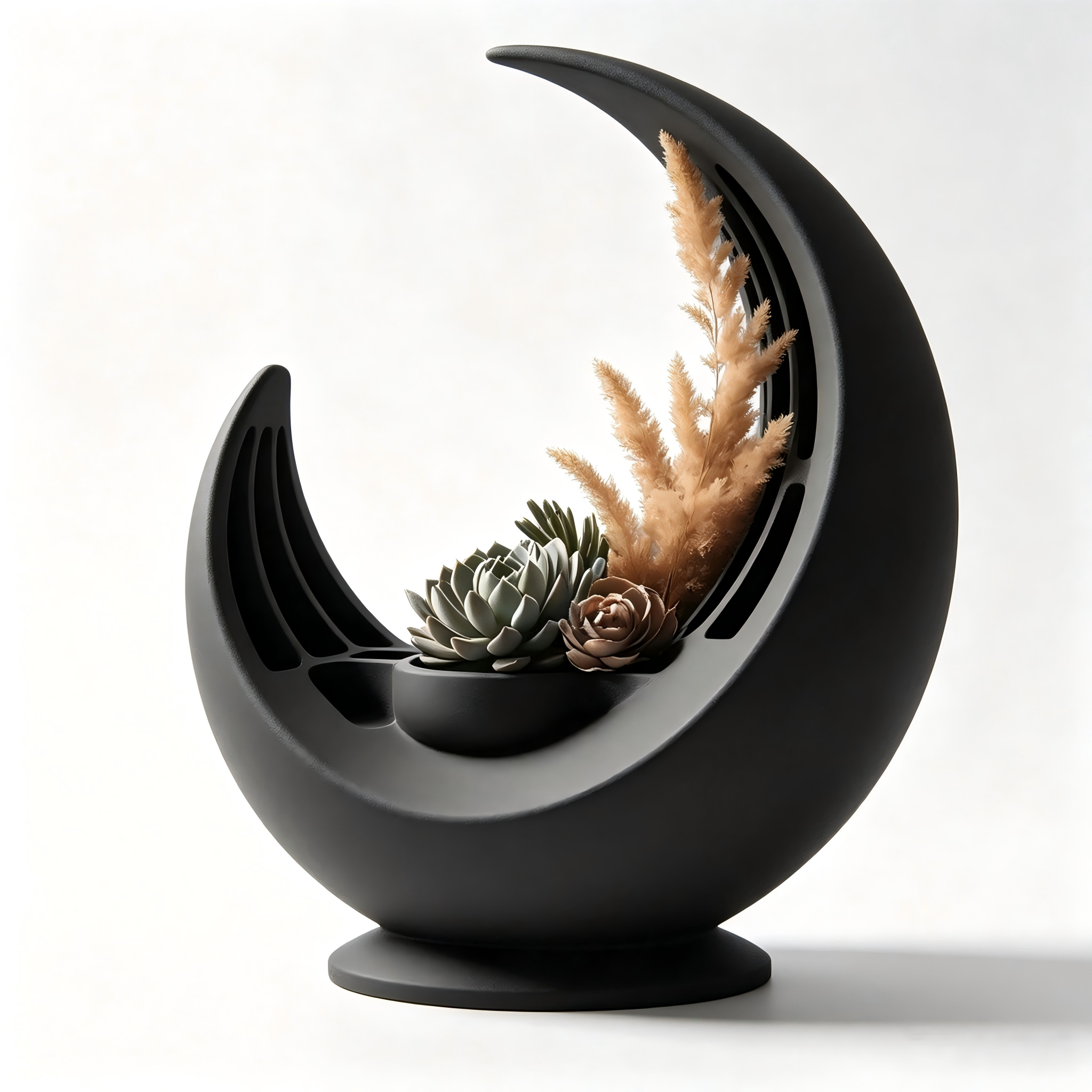 Matte Dried Flowers 3D Printed Decor Curved Crescent Sculpture Multi Compartment Vase
