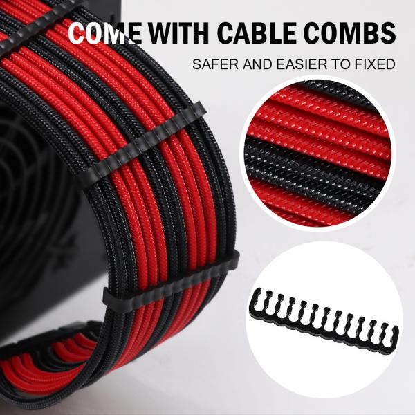 ATX 24P  4+4 GPU 6+2 PCI-E 6 PCI-E PSU Extension Cable 18AWG Softest PET Braided Sleeving Black Red 300mm With Cable Comb