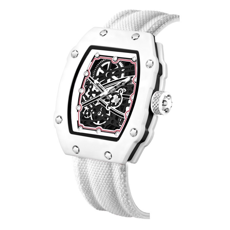 Men's Tonneau Skeleton Quartz Watch – Luminous Openwork Dial Silicone Strap