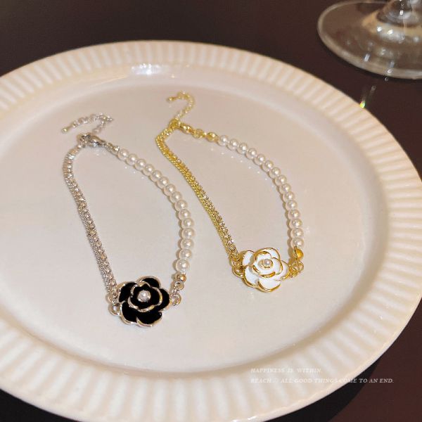 2025 Fashion Camellia Style Jewelry Bracelet Pearl Gold Plating Stainless Steel Chains Gift Party Bangle