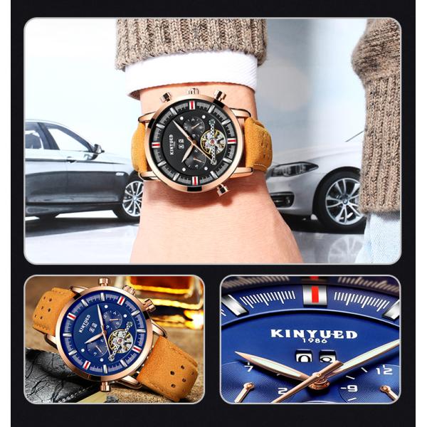 KINYUED J019-3  Private Label Gold Case Genuine Leather Auto Date Skeleton Tourbillon Automatic Mechanical Wristwatches