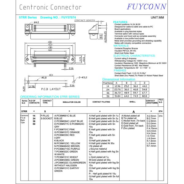 Соединитель PCB 50 Pin Centronic женский R/A с l кронштейном аттестовал UL
