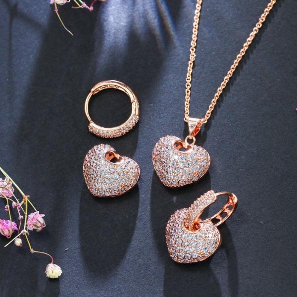 Elegant Leaf Shape Heart-Shaped Party Earrings and Necklace CZ Gold Plated Necklace Wedding Jewelry Set for Bride