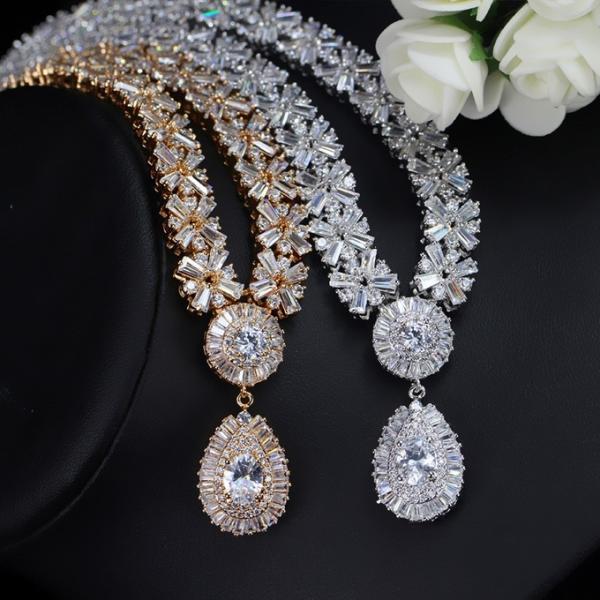 Water Drop Rhinestone Necklace & Earrings Full Crystal Necklace & Earrings  Wedding Jewelry Set