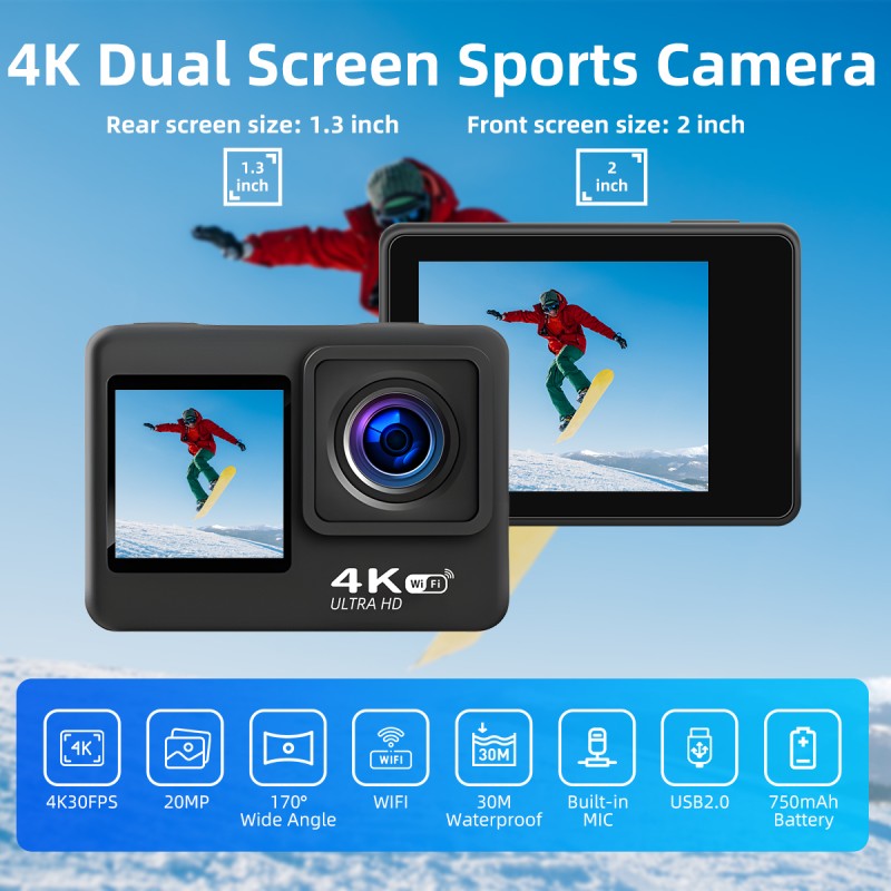 Newest HD 4k Dual Screen Sport Action Camera Motorcycle Bike Helmet Riding Camera 30M Waterproof Sport Camera with WIFI