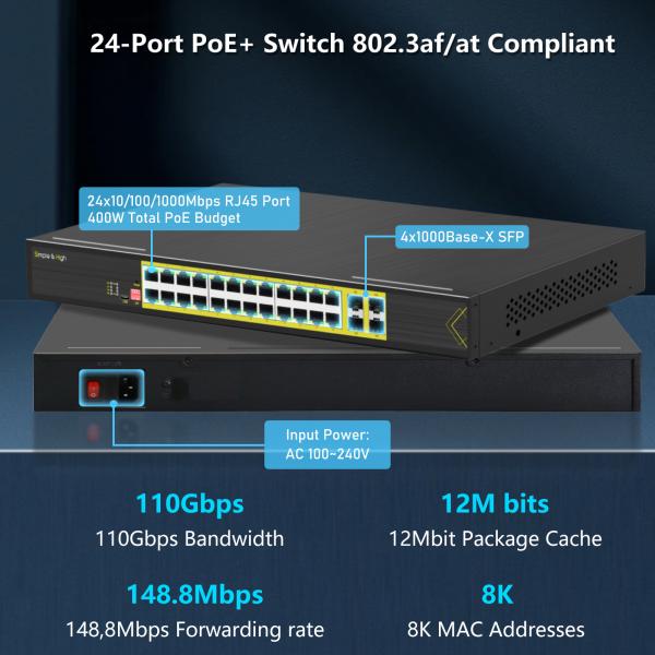L2+ Montage sur rack géré 24 ports 10/100/1000T 802.3at PoE + 4 ports 1000X SFP PoE Switch
