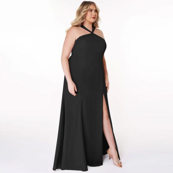 Unique Black Chiffon Bridesmaid Dress Front Split Slit A-Line Halter Keyhole Backless Mermaid Plus Size