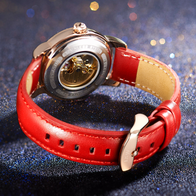 Rose Gold Skeleton Mechanical Ladies Watch Mother Of Pearl Dial Crystal Bezel Genuine Leather Strap 3 Colors Luxury Women Dress Wrist Watch Gift