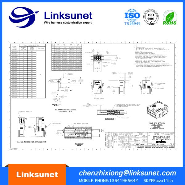 Male Female Wire Connectors 43020 - 0600 MOLEX Micro Fit Connector With Panel Mount Ears