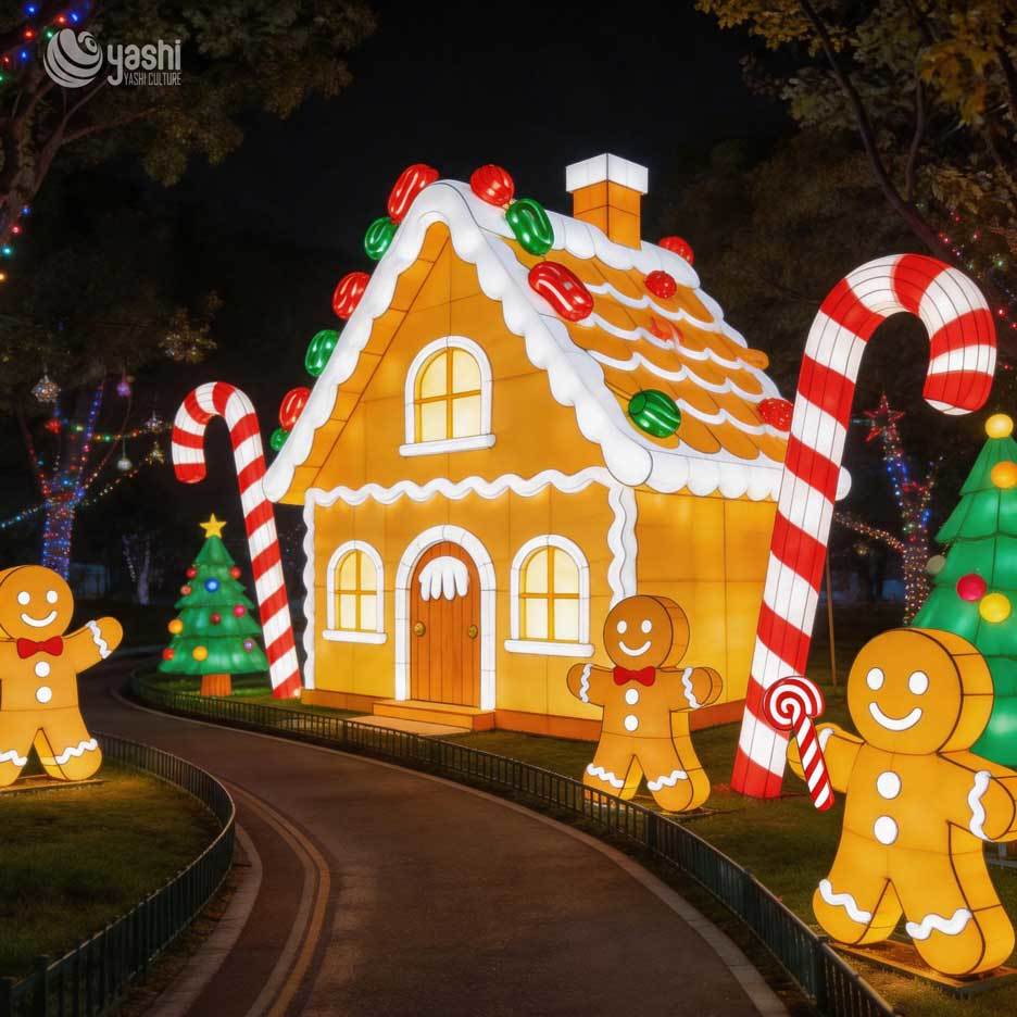 Waterproof LED Gingerbread House Motif Light Set, Giant Candy Cane & Gingerbread Man Lantern for Park Mall Xmas Light Show