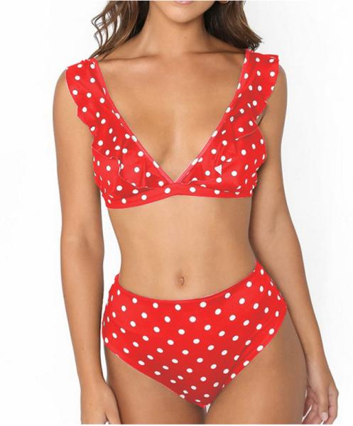 2018 Sexy High Waist Bikini Women Swimwear Push Up Swimsuit Ruffle with spot flounced on shoulder