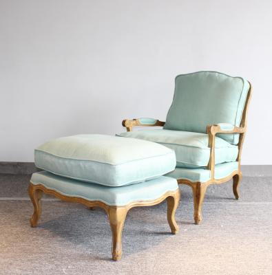 French style louis accent chair oak wood frame chair with linen fabric good upholstery cushion chair with ottoman stool