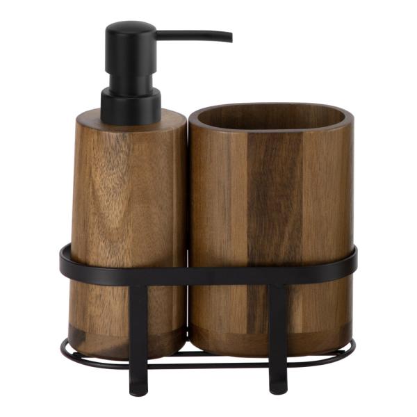 Acessórios de casa de banho conjunto de sabão de madeira dispensador preto bomba ABS porta escova de dentes oval prateleira de metal preto textura de madeira