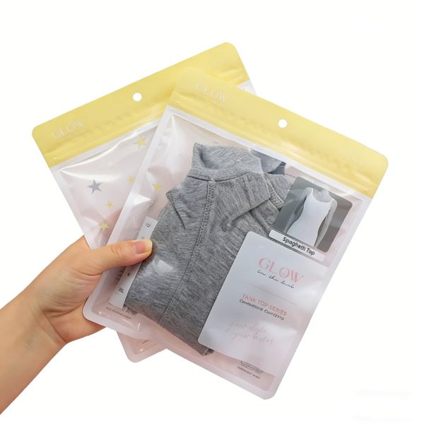 Custom Logo Apparel Packaging Bag with Three Side Seal Clear Window Resealable Zipper Pouch Hang Hole for Tank Tops & Underwear