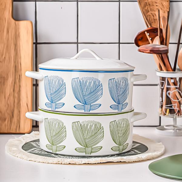 Sustainable Floral Green Ceramic Pan Soup Bowl Set with Glass Cover and Pot Cover Type