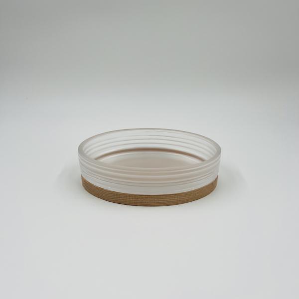 Accesorios modernos de baño de vidrio transparente forma redonda con madera parte botella de jabón de mano dispensador de jabón para el baño portabotellas de cepillo de dientes