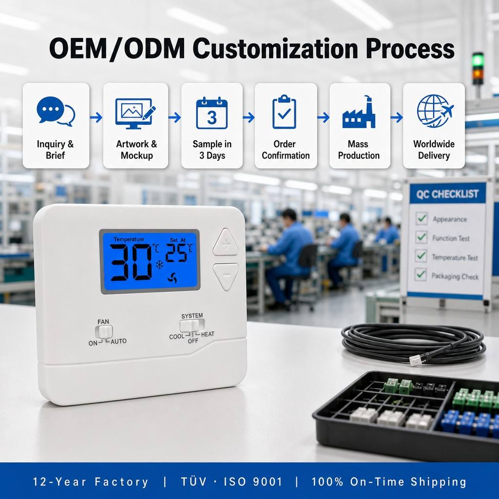 Riseem ABS Housing Material Wired Room Thermostat with ±1C Accuracy and Manual/Automatic Control Mode