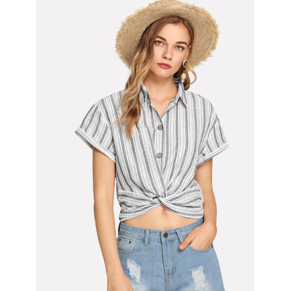 Блузка дизайна нашивки 2019 женщин моды с воротником рубашки