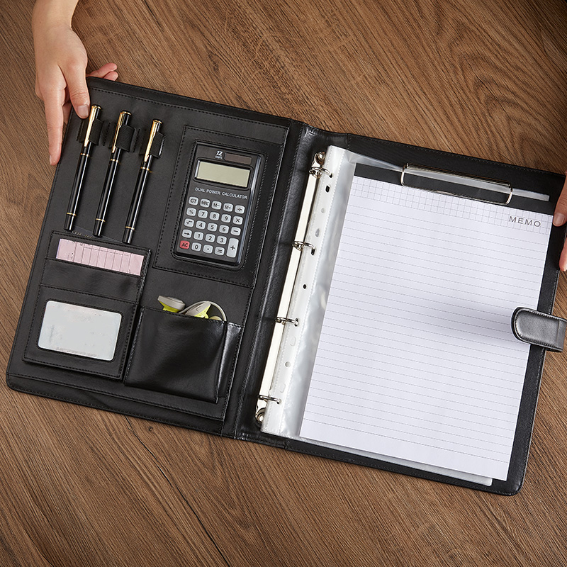 Custom Printed A4 Leather Portfolio Binder Zipper Document Folders Multifunctional