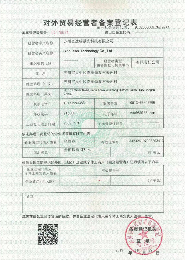 SinoLaser Technology Co., Ltd. Сертификации