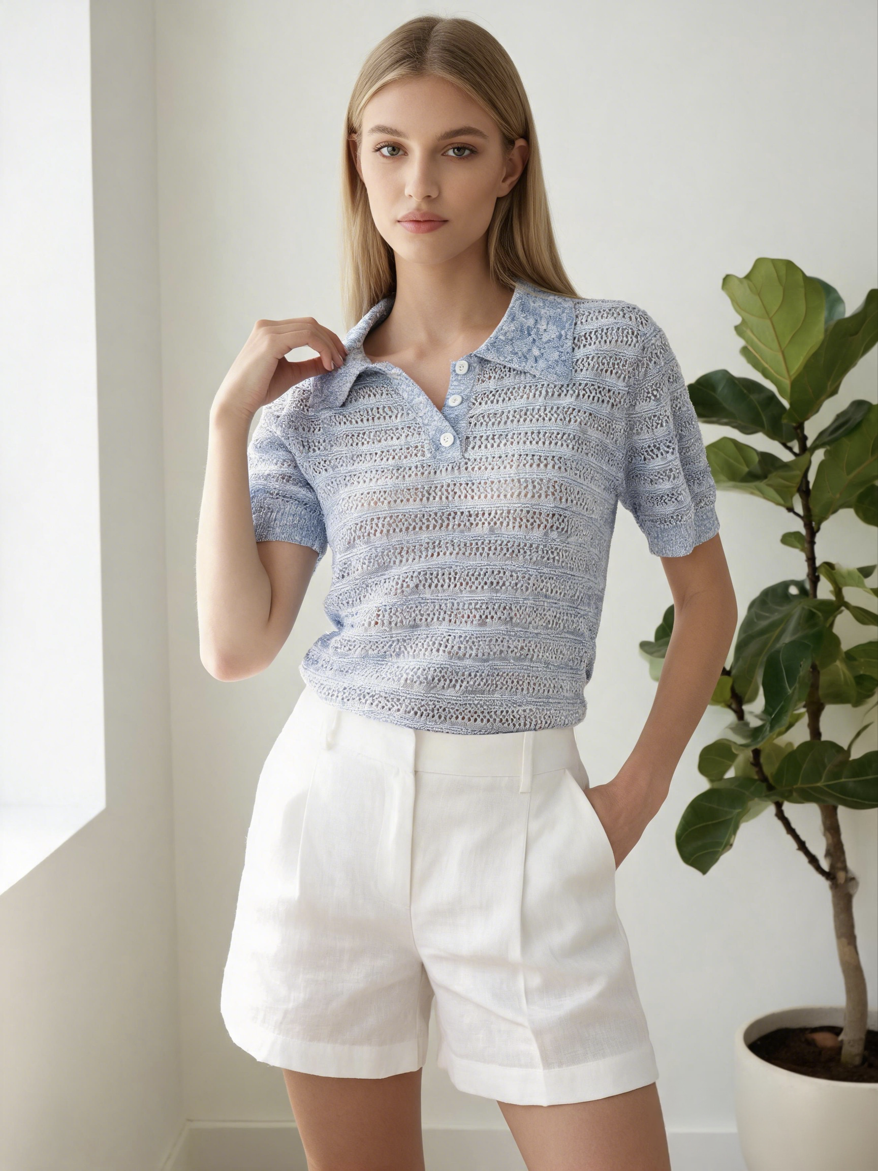 Breathable 7G Computer Knitted Knit Pullover Top with Openwork Stripe Polo Collar