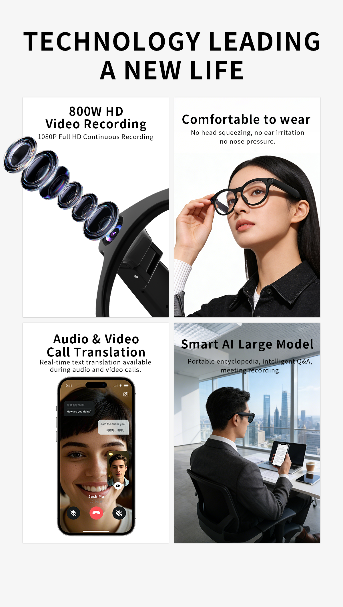 165 Languages AI Glasses Translator Audio / Video Call Translation Take Photo Video Recording