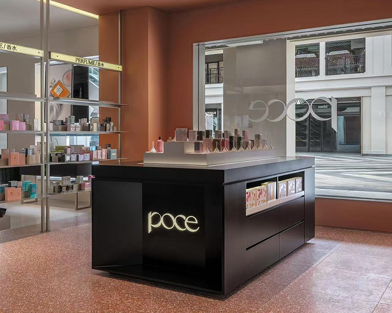 Modern Dark Wood Comprehensive Beauty Store Display Cabinet Set LED Backlit Wall Racks Curved Central Makeup Islands For Multi-Brand Cosmetic Boutique