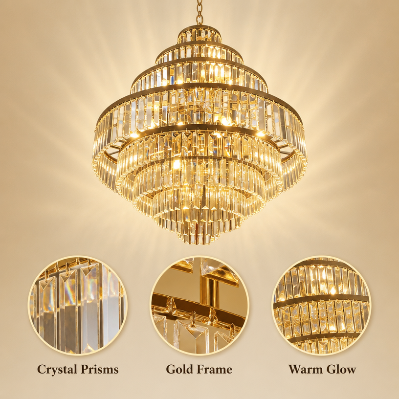 JYLIGHTING Luxury Multi‑Layer Cone Crystal Suspension Lamp, Stainless Steel Frame Large Decorative Chandelier for High Ceiling Villa & Hotel Lobby