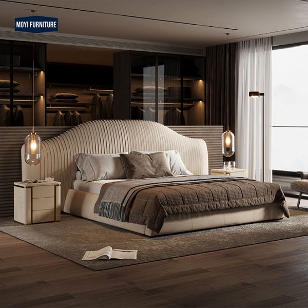 Mail Packing Modern Luxury King Size Bed Wide Headboard Gold Stainless Steel Fabric Bedroom Bed Set Designs Furniture