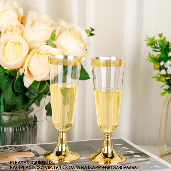 Gold Rim Plastic Champagne Glasses Perfect For Wedding, Thanksgiving Day, Christmas Champagne Flutes Disposable