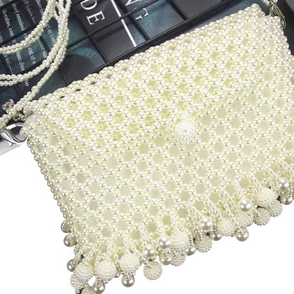 Women 6mm Pearl Hand Bags , White Woven Bead Bag Hand weaving OEM