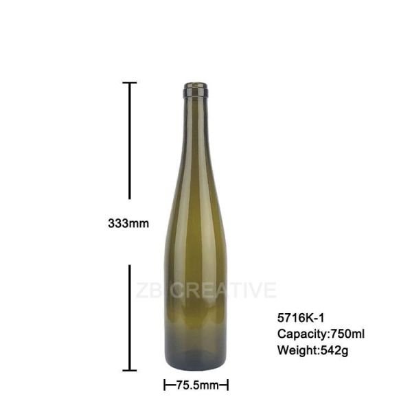750ml Antique Green Slender Rhine Glass Wine Bottles Cork Top For Riesling 542g 5716K-1