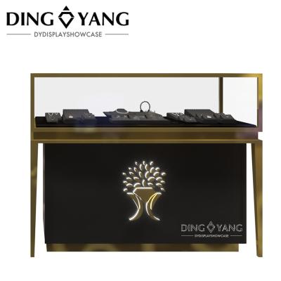 Brush Golden Stainless Steel Custom Jewelry Showcase Match Black Wooden Storage With Lighting