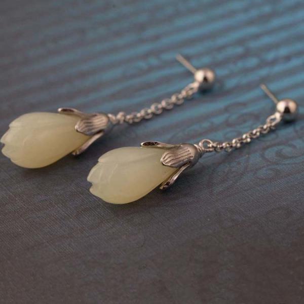 Women Retro 925 Sterling Silver Natural Jade Drop Earrings(TRS30811)