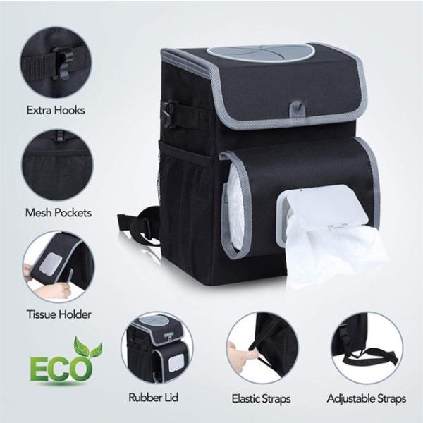 Custom Wholesale Portable Cheap Waterproof 100% Leak Proof Car Trash Can With Lid And Storage Pockets