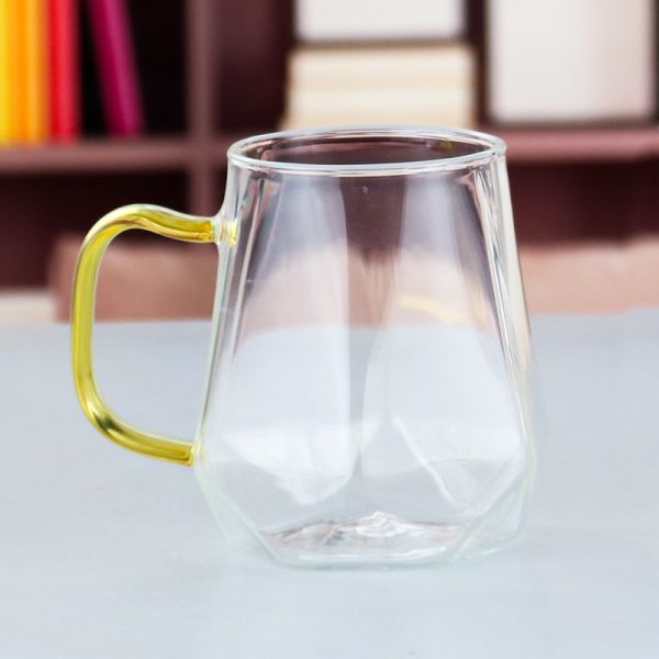 BPA Free Single Wall Glass Mug Diamond Shape Borosilicate Glass Cup With Handle
