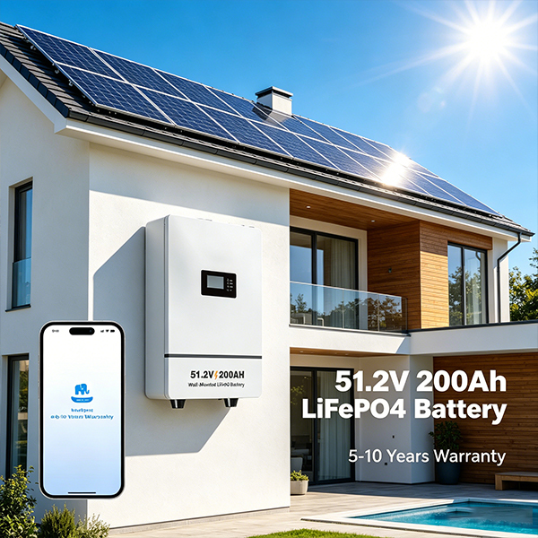 51.2V 200Ah 10.24kWh Stackable Wall-mounted LiFePO4 Solar Battery Pack with 5-10 Year Cycle Life