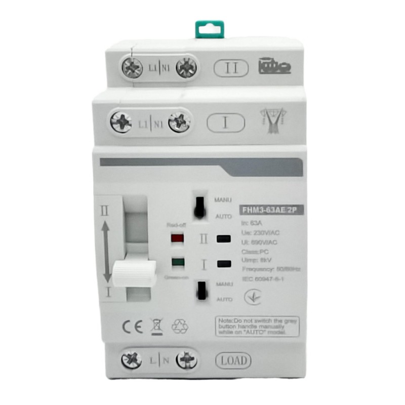 Double Power Source 2P 230V Single Phase 50Hz/60Hz 50ms Automatic Transfer Switching Generator 63A PC Model MEH3-63AE/2P