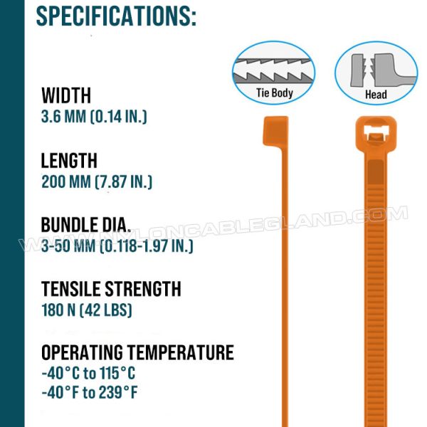 Polypropylene (PP) Cable Tie 3.6x200mm, Excellent Chemical, Acid & Alkali Resistance, Low Water Absorption, For Aquaculture Industry