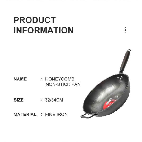 Minimalist Style Non Stick Honeycomb 34cm Pure Iron Frying Wok Sustainable and Durable