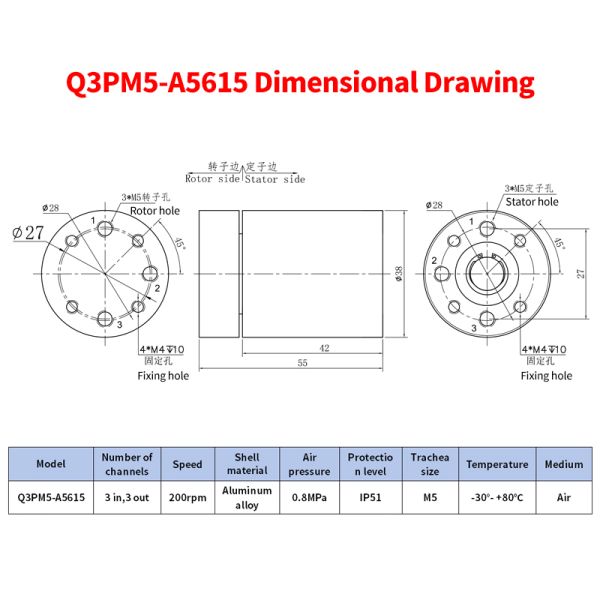 3-inlet 3-outlet Gas Rotary Union with 200rpm Speed and IP51 Protection for Compact Pneumatic Systems