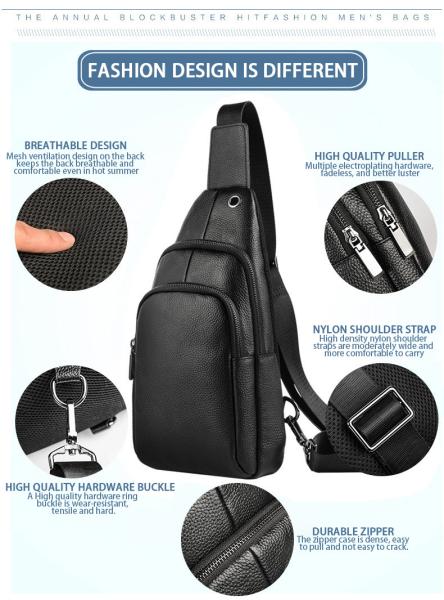 Acceptable OEM ODM Men's Chest Bag Genuine Leather with USB Charging and No Decoration