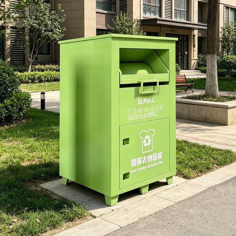 Eco-friendly Powder Coated Galvanized Sheet Metal Donation Bin, Outdoor Weatherproof Textile Shoes Hats Collection Cabinet